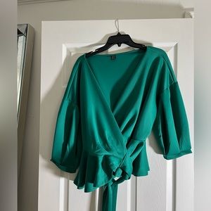 Shein Women's Lantern 3/4 Sleeve V Neck Ruffle Blouse Tie Waist Wrap Peplum Top